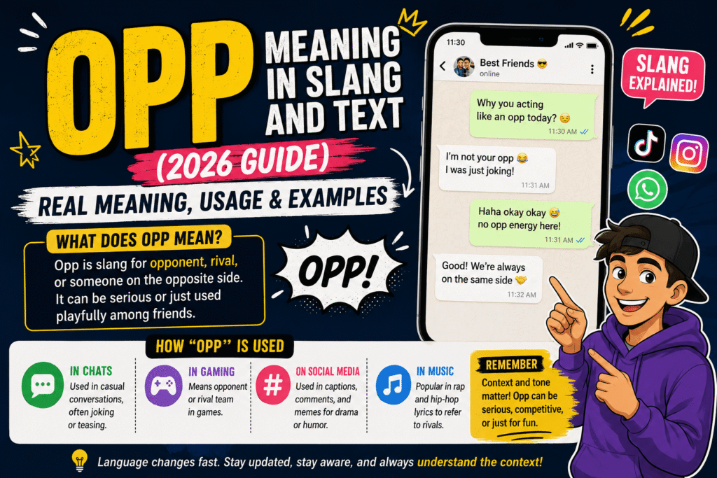 Learn opp meaning in slang and text with real examples, origin, and usage in chats, WhatsApp, TikTok, and social media (2026 guide).