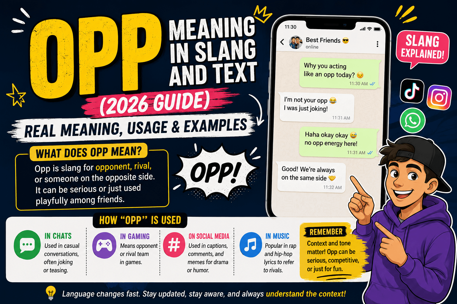 Learn opp meaning in slang and text with real examples, origin, and usage in chats, WhatsApp, TikTok, and social media (2026 guide).