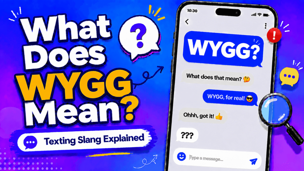 Illustration explaining WYGG meaning in text messages with a smartphone chat showing WYGG question and social media icons