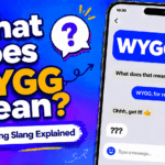 Illustration explaining WYGG meaning in text messages with a smartphone chat showing WYGG question and social media icons