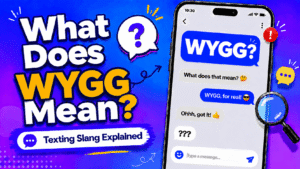 Illustration explaining WYGG meaning in text messages with a smartphone chat showing WYGG question and social media icons