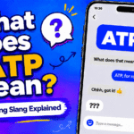 Illustration showing ATP meaning in text messages with smartphone chat explaining at this point and answer the phone meanings