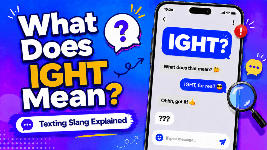 Illustration showing IGHT meaning in text messages with smartphone chat examples explaining alright or okay in casual conversations