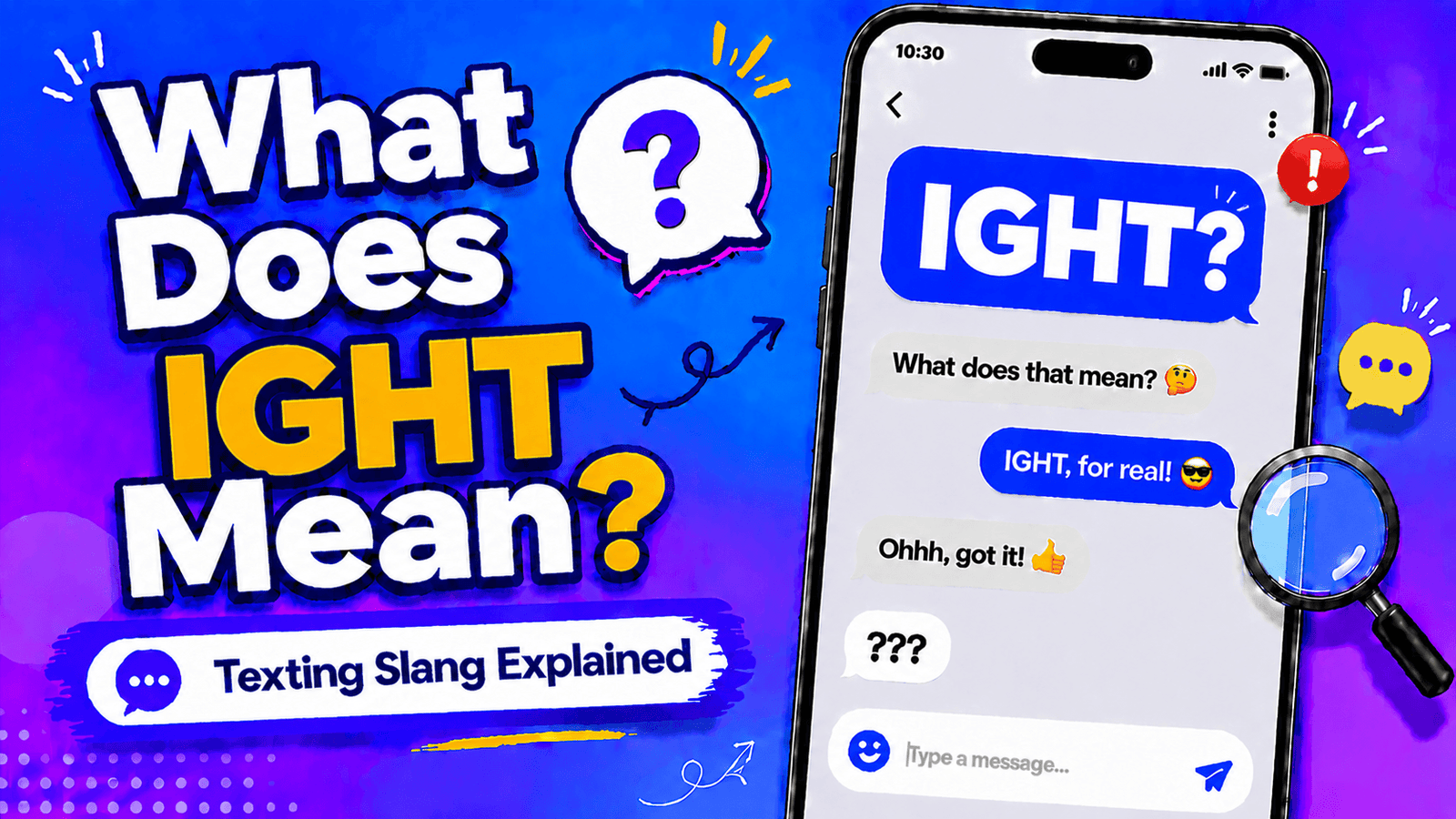 Illustration showing IGHT meaning in text messages with smartphone chat examples explaining alright or okay in casual conversations