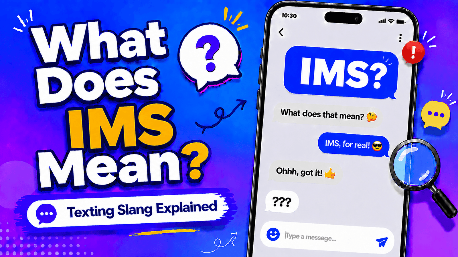 Illustration showing IMS meaning in text messages with smartphone chat explaining I’m sorry and if memory serves meanings
