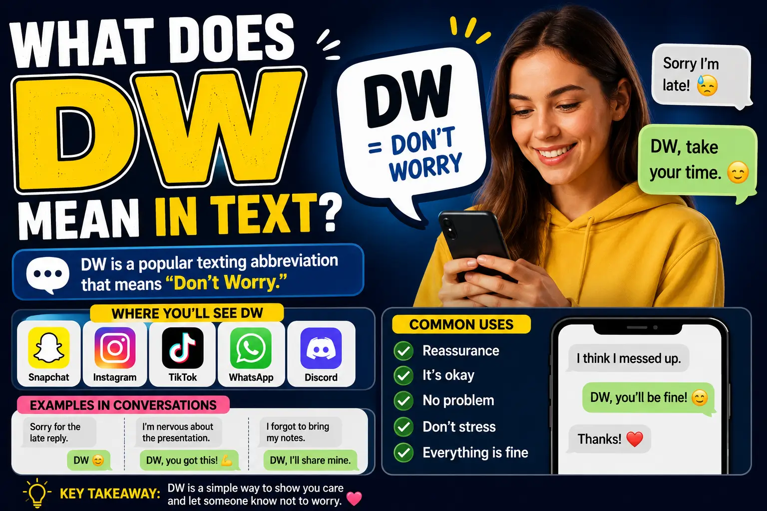 What does DW mean in text messaging and social media conversations